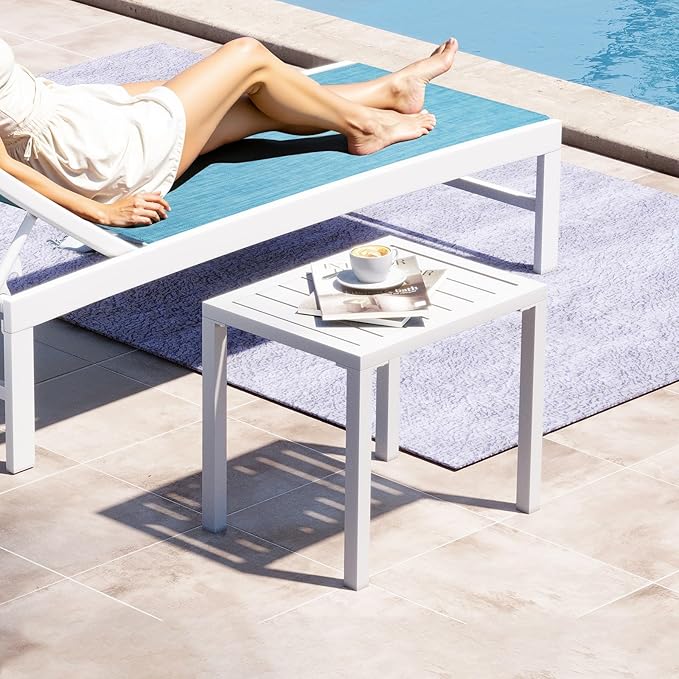 Crestlive Products Aluminum Outdoor Side Table Set of 2, White Small Rectangular Weather Resistant Coffee End Tables for Patio Balcony Pool Deck