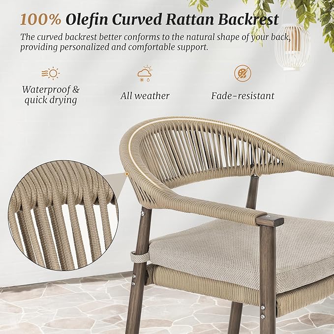 Bar Stools Set of 2, 24.8'' Aluminum Outdoor Bar Stool with Removable Cushion, Boho Rattan BarStools, Olefin Rope Woven Bar Chairs with Footrest for Patio, Garden, Pool, Kitchen, Brown