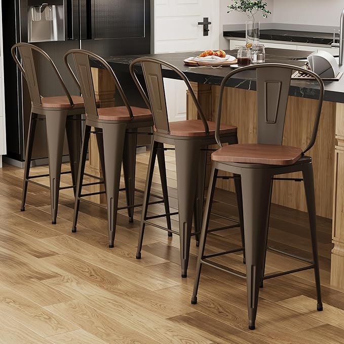 Alunaune 30" Swivel Metal Counter Height Bar Stools Set of 4 High Back Industrial Bar Chairs Kitchen Barstools with Large Wooden Seat-Rusty