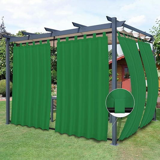 Easy-Going Outdoor Patio Curtains Detachable Tab Top Windproof Weatherproof Curtain for Cabana, Porch, Pergola and Gazebo, Tab Bottom Drape, 2 Panels, 54W x 120L inch, Green