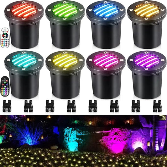 SUNVIE RGBW Well Lights Landscape LED In Ground Color Changing Low Voltage Well Lights 12-24V Waterproof Outdoor Landscape Lighting Grated Top In Ground Light for Pathway Garden Yard ETL, 8 Pack