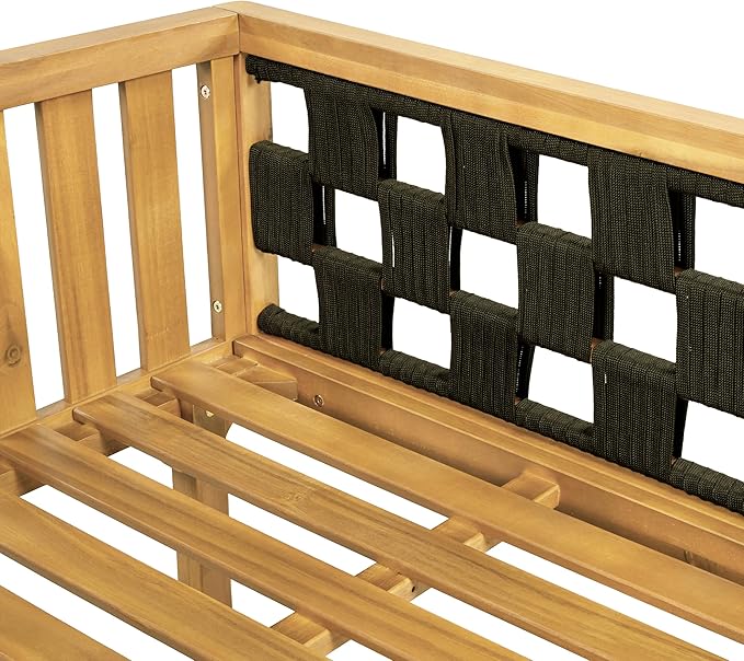 Christopher Knight Home Rosie Acacia Wood Outdoor Daybed Sofa with Water-Resistant Cushion, Solid Wood Patio 3 Seater Sofa Couch, Patio Garden Lounge Sofa with Woven Rope Accent, Black+Teak+Beige