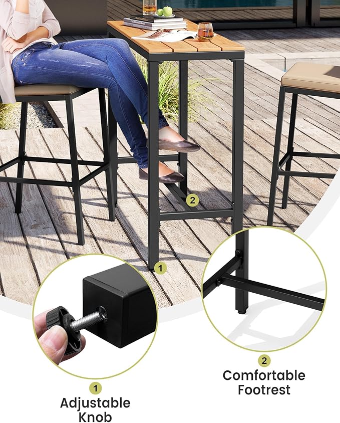 Crestlive Products Outdoor Bar Table and Chairs Set, 3 Piece Outside Patio Bar Set with 43" Long Bar Table and 2 Bar Stools for Balcony, Bistro, Garden, Backyard(Brown Desktop and Beige Cushion)
