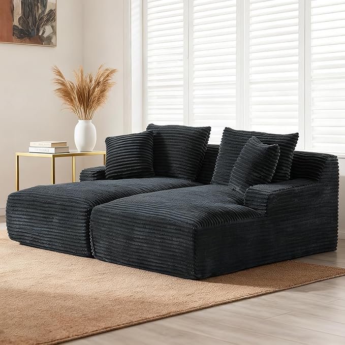 80" Double Chaise Lounge Chair Indoor, Oversized Boneless Couch Comfy Upholstered Sleeper Sofa Bed with 4 Pillows, Corduroy Cloud Loveseat Chair for Living Room No Assembly Required, Dark Grey