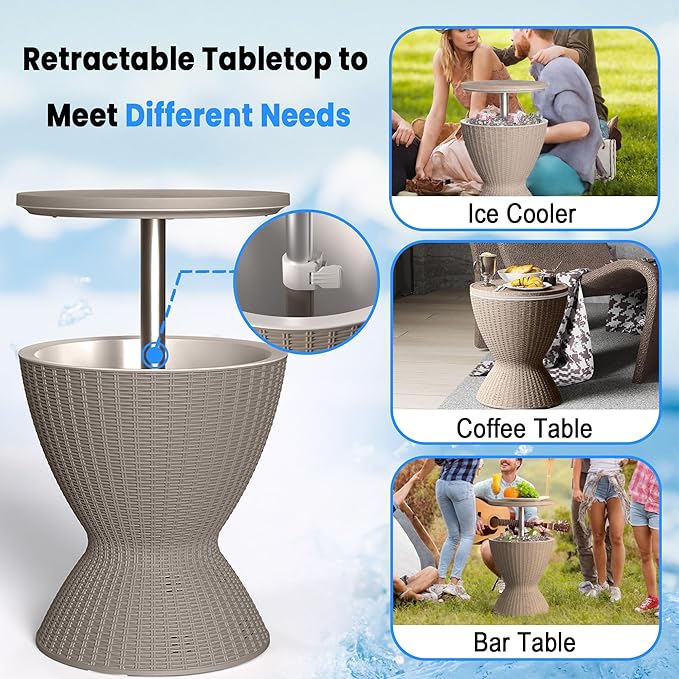 EasyUp Outdoor Cooler Bar Table – 8 Gallon Outdoor Patio Cooler Table with Drain Plug, Adjustable Height Rattan-Style Resin Cool Bar for Poolside, Deck, BBQ & Parties (Light Brown)