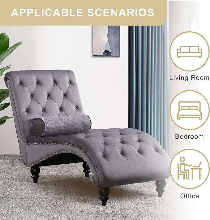 Chaise Lounge Indoor,Velvet Upholstered Lounge Chair Button-Tufted Armless Chair with Pillow, for Bedroom Living Room Office Modern Backrest Leisure Recliner Sleep Sofa,Gray
