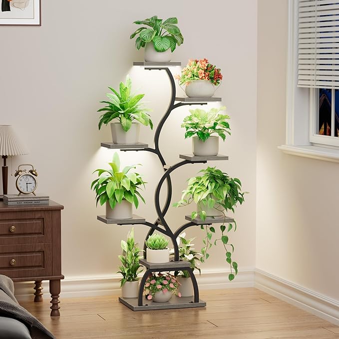 Plant Stand Indoor with Grow Light - 8 Tiered Plant Shelf Indoor, Corner Plant Stand, 49" Tall Plant Shelf with Lights for Indoor Growing, Lighted Flower Holder for Living Room, Balcony (Gray)
