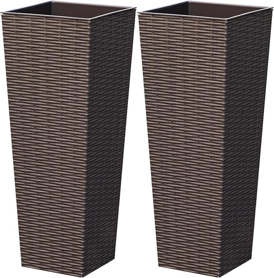 Greesum 24 Inch Tall Plastic Planters (Set of 2), Detachable Inner Pot & Drainage Holes, Outdoor Decorative Flower Pots for Large Plants, Trees, Patio, and Garden, Brown