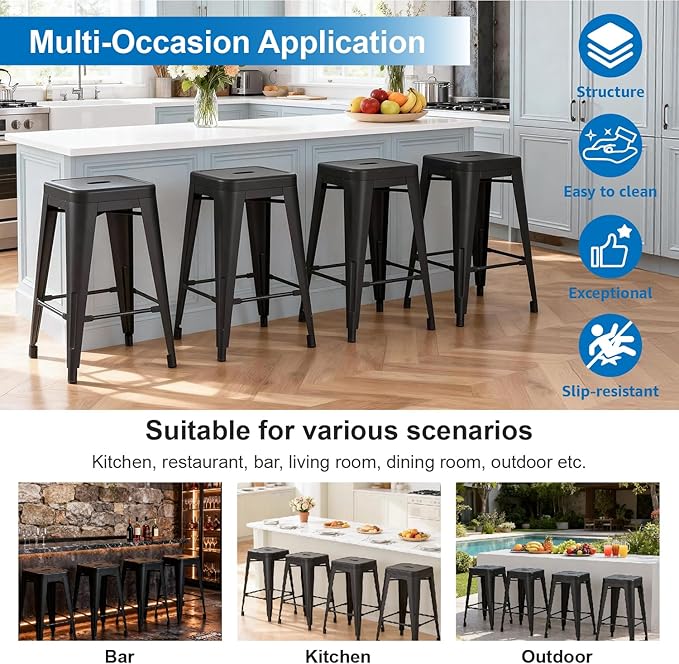 Stackable Metal Bar Stool Backless Indoor-Outdoor Counter Stools Fullmetal Dinning Chairs Set of 4 (Black, 24 Inch)