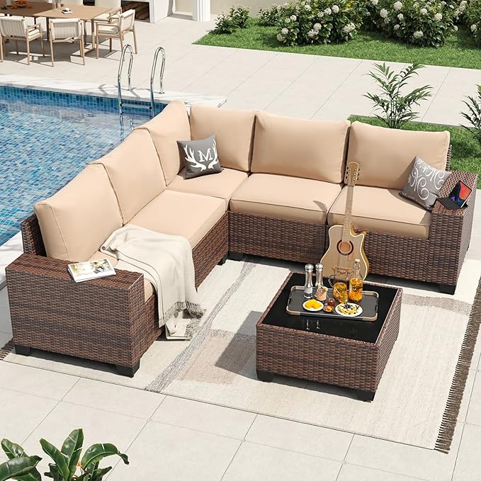 Aoxun 6 Pieces Patio Furniture Set Wicker Rattan Outdoor Sectional Conversation Set with Coffee Table and 4” Thickened Cushions, Beige (Waterproof Cover Included)
