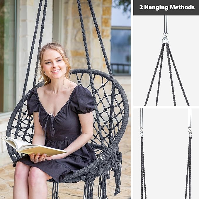 SUNCREAT Hammock Chair Hanging Macrame Swing with Hardware Kits, Max 330 Lbs, Handmade Knitted Mesh Rope Swing Chair for Indoor, Outdoor, Bedroom, Patio, Yard, Deck, Garden, Grey