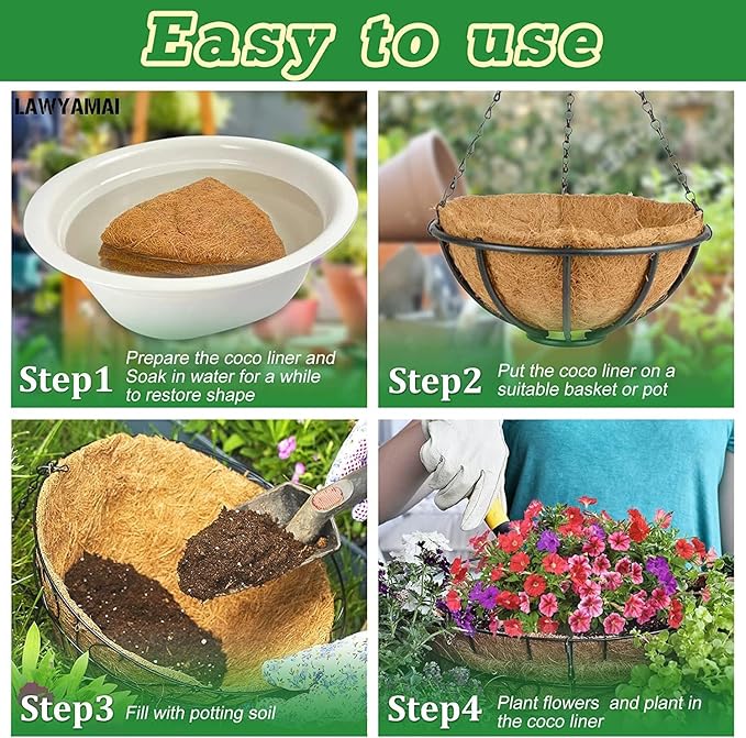 Y&M Pack of 4 12" Pre-Formed Round Coco Fiber Coco Liner Hanging Basket Liners,Coco Replacement Liner for Hanging Basket