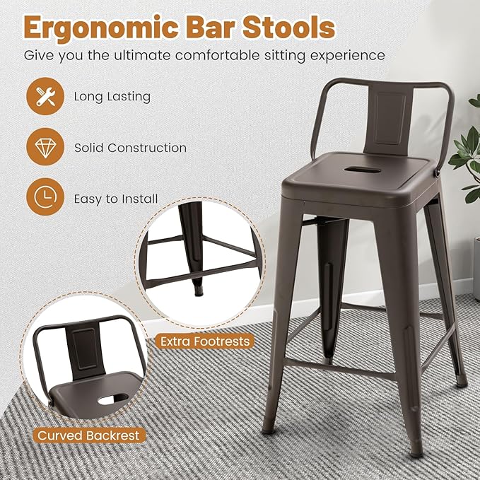 COSTWAY Metal Bar Stools Set of 4, with Removable Back, 24'' Counter Height Stools with Rubber Feet, Stylish and Modern Chairs, for Kitchen, Dining Rooms, and Side Bar (Gun, 24'')