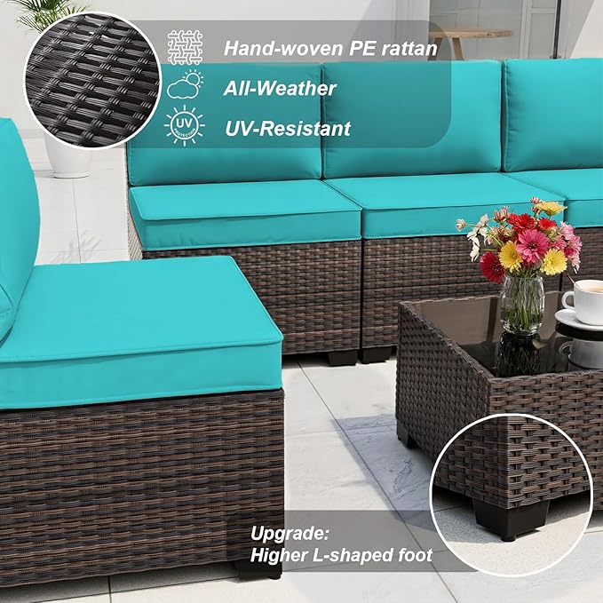 ALAULM Patio Furniture Set with Coffee Table, 9 Pieces Outdoor Sectional with Wide Seat and Thick Cushion, All Weather Wicker Rattan Conversation Set for Backyard, Garden, Deck, Turquoise