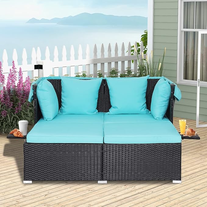 Moccha Outdoor Daybed with Retractable Canopy, Wicker Cabana with 2 Side Tables & Soft Cushions ,Hand-Woven PE Rattan Bed Lounger, Patio Sectional Furniture Set for Garden Backyard Porch (Turquoise)