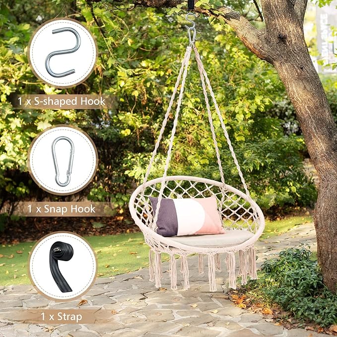 Giantex Hammock Chair Macrame Swing - Hanging Chair with Cushion and Hardware Kit, 330 LBS Weight Capacity, Indoor Swing for Hammock Stand, Patio, Balcony, Living Room Hammock Swing (Beige)