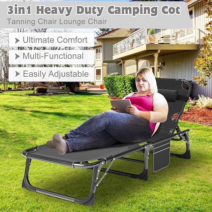 ABORON Heavy Duty Tanning Chair,Outdoor 5-Position Folding Chaise Lounge Chair with Pad,Portable Beach Lounge Chair for Outdoor Sunbathing Patio Pool Lawn Deck Poolside