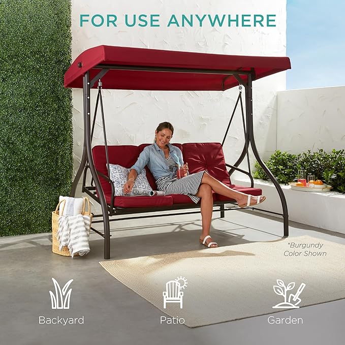 Best Choice Products 3-Seat Outdoor Large Converting Canopy Swing Glider, Patio Hammock Lounge Chair for Porch, Backyard w/Flatbed, Adjustable Shade, Removable Cushions - Fog Gray