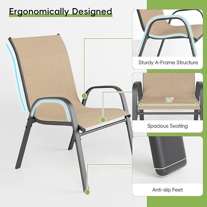Patio Chairs Set of 2, Outdoor Dining Chairs Stackable for All Weather, Breathable Metal Modern Outside Furniture Chair for Pool Side, Garden, Backyard Deck, Brown