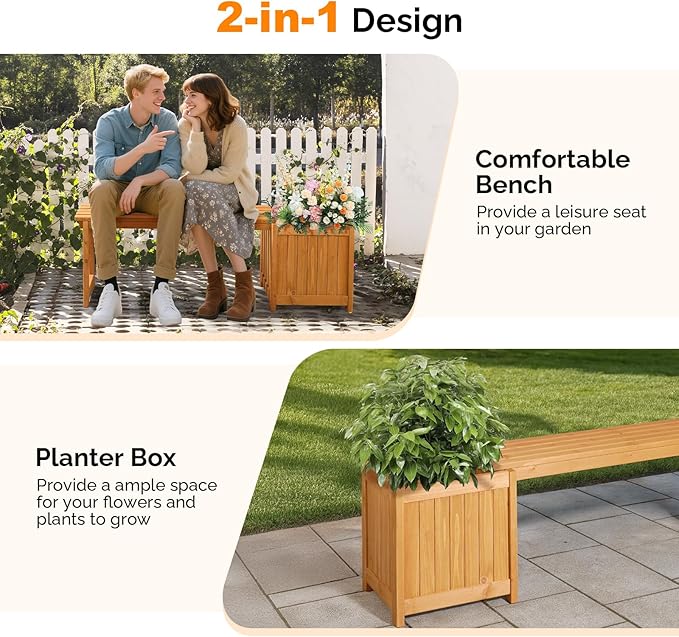 VINGLI Outdoor Wood Bench with Planter Boxes, 2-in-1 All-Weather Porch Bench Seat ＆ Open-Ended Wooden Raised Garden Bed, for Balcony Yard Patio (1 Box + 2 Boxes)