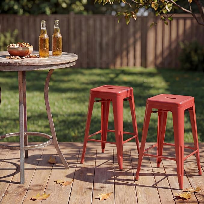 Shahoo 24 Inches Metal Bar Stools Counter Height Stackable Backless Stools, Industrial Patio Stools Indoor Outdoor Metal Kitchen Stools Set of 4 (Red, 24'')