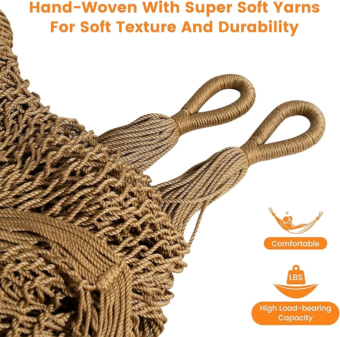 Lazy Daze Hammocks Handwoven Mayan Hammock, 10.5 FT Soft Rope Double Hammocks, Portable Outdoor Hammock with Carry Bag, 2 Straps & Carabiners for Patio Outside, 550 lbs Weight Capacity, Tan