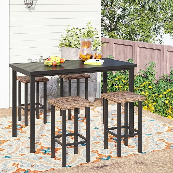 PHI VILLA Outdoor Bar Stools Set of 4, 26” Wicker Seat Counter Height Backless Barstools, Metal Frame Bar Chairs for Patio Kitchen & Dining