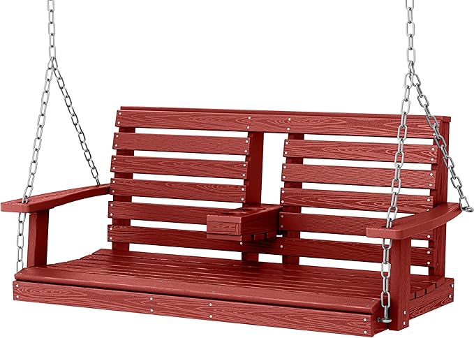KINGYES Outdoor Hanging Patio Swing Chair, 2 Seat with Cup Holders, Waterproof Bench for Courtyard & Garden, 660LBS Weight Capacity, Red
