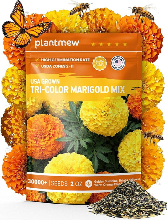 Tri-Color Marigold Seeds Bulk - 60,000+ Heirloom Flower Seeds for Planting Outdoors, Dwarf French Marigolds, Non-GMO Pollinator Magnet with High Germination, Quick Blooming