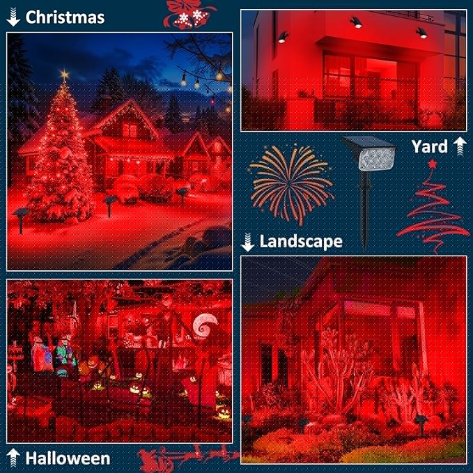 T-SUNUS Christmas Red Solar Lights for Outside IP65 Waterproof Auto On/Off Adjustable Landscape Spot Lighting Garden Spotlight Outdoor Tree Pathway Yard Driveway Wall Patio Lawn Flag Halloween 4 Pack