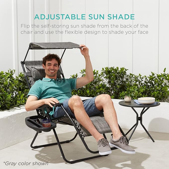 Best Choice Products Folding Zero Gravity Outdoor Recliner Patio Lounge Chair w/Adjustable Canopy Shade, Headrest, Side Accessory Tray, Textilene Mesh - Cobalt Blue
