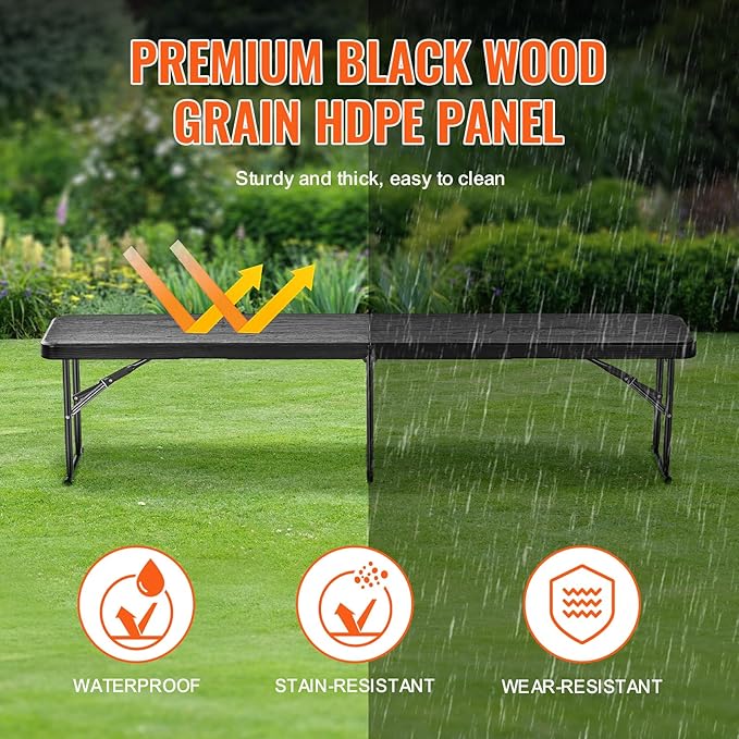 VEVOR Plastic Folding Bench, 6ft Portable Folding Bench, Smooth High Density Polyethylene Waterproof Outdoor Bench, Picnic Camping Table with Handle for Garden Soccer Playtime, Black (1 Pack)