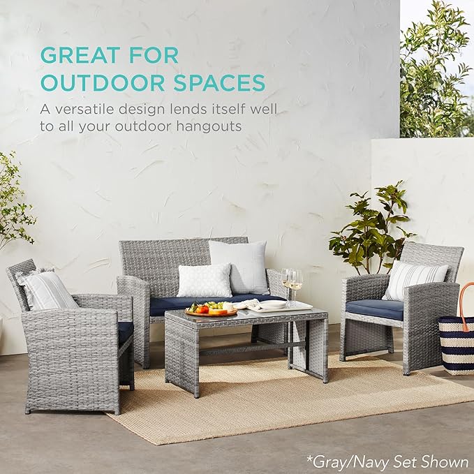 Best Choice Products 4-Piece Outdoor Wicker Patio Conversation Furniture Set for Backyard w/Coffee Table, Seat Cushions - Gray/Pastel Blue