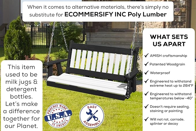 Poly Lumber Wood 4FT Mission Porch Swing Amish Craftsmandship Made in USA HDPE with No Wood fibers 1000 lbs Limit. Stainless Steel Hardware.Signature Design for Patio Outdoor Backyard Garden Park