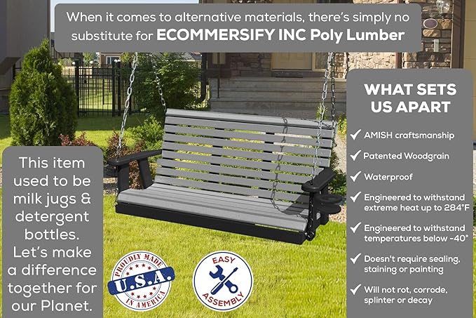 Poly Lumber Wood 5FT Porch Swing Amish Craftsmandship Made in USA HDPE with No wood fibers and 1000 lbs Limit. Stainless Steel Hardware.Signature Rollback design for Patio Outdoor Backyard Garden Park