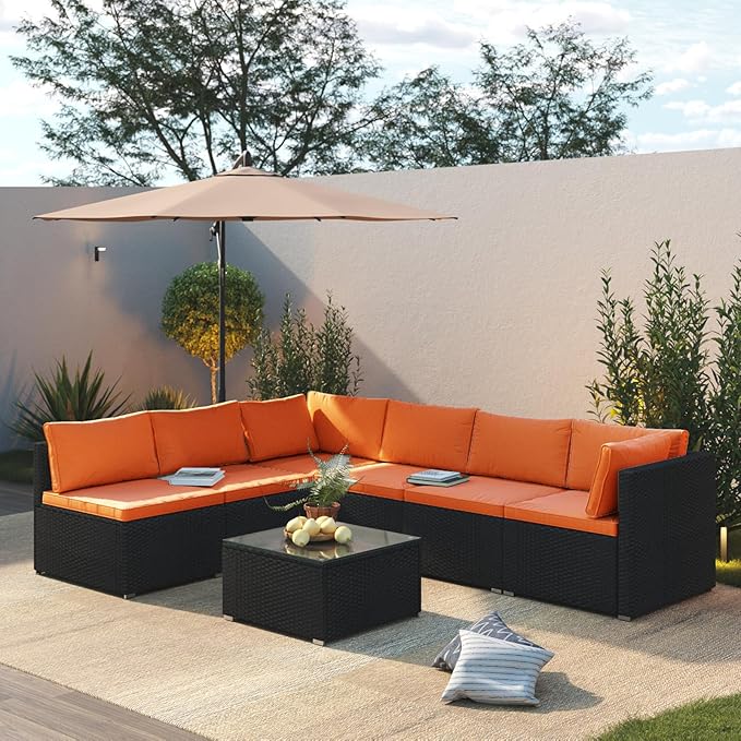 7 Piece Outdoor Patio Furniture Sets, Orange Patio Sectional Furniture All-Weather PE Rattan Sectional Sofa, Outdoor Wicker Conversatin Set w Glass Coffee Table for Backyard, Garden, Porch