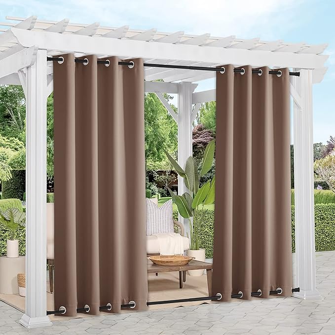 NICETOWN 2 Panels Weighted Blackout Curtains Patio Waterproof, Thermal Insulated Stainless Steel Top and Bottom Grommet Wind-Break Outdoor Drapes Keep Privacy for Pergola, W52 by L84, Tan-Khaki