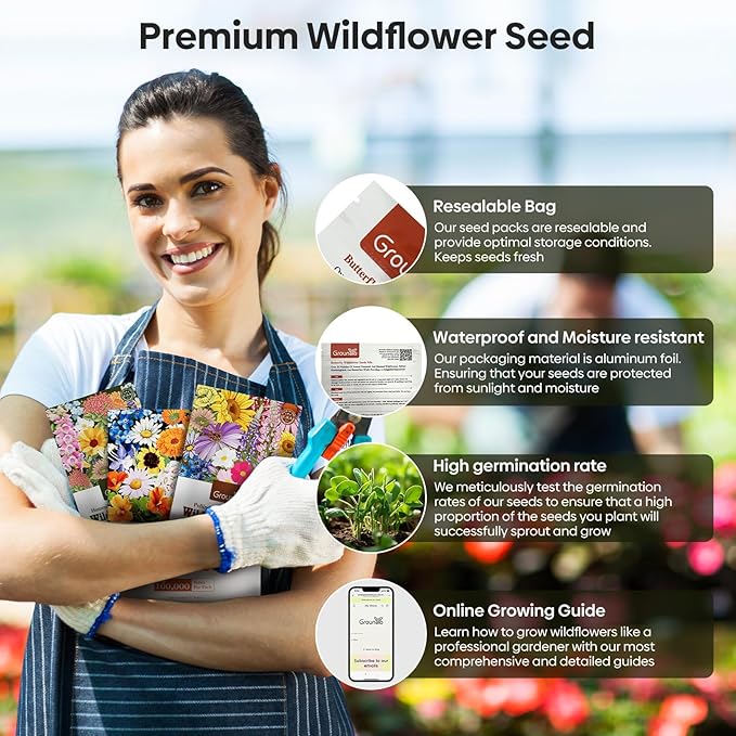 Groundio All Perennial Wildflower Seeds Bulk, 1/4 lb, 100,000+ Seeds, 26 Variety Mix with Milkweek, California Blue Bell, Attracts Pollinators, Plant in Spring or Fall, Zones 3, 4, 5, 6, 7, 8, 9, 10