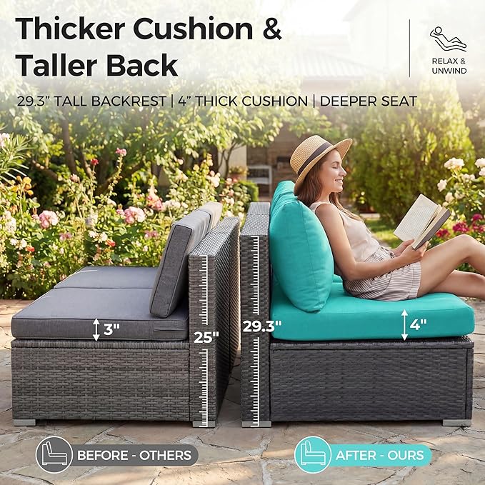 NICESOUL 6 Piece L Shaped Patio Furniture Set with Fire Pit Natural Gas/Propane, 29.3'' High Back Comfy Outdoor Conversations for Outside, Big Size Deep Wide Couches, 2 Color Cushion Turquoise & Grey