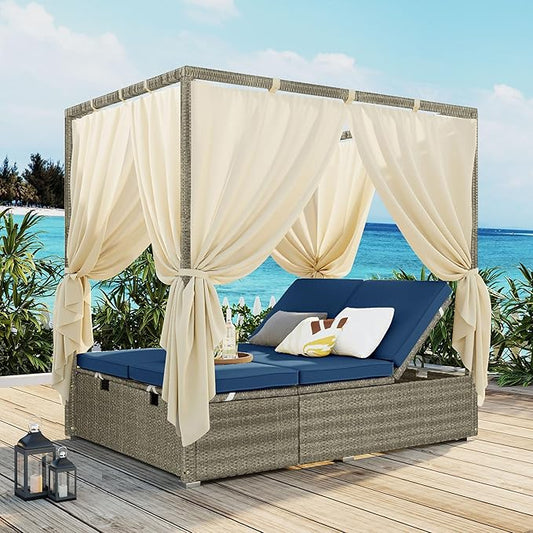 Patio Chaise Lounge,PE Rattan Outdoor Patio Wicker Adjustable Outdoor Sun Bed with Four-sided Canopy and Comfortable Blue Cushion – Versatile Use for Patio, Garden, and Poolside