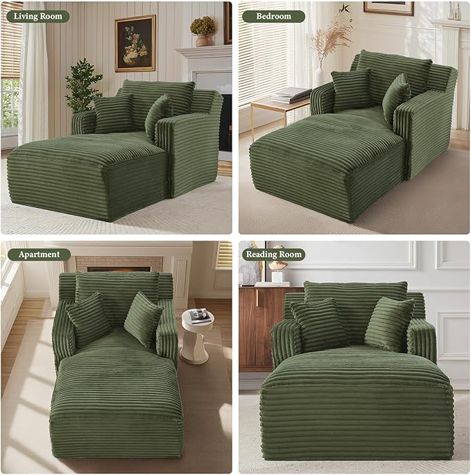 65.4" Chaise Lounge Chair Indoor, Oversized Boneless Couch Comfy Upholstered Sleeper Sofa Bed with 3 Pillows, Corduroy Cloud Reading Chair for Living Room No Assembly Required, Green