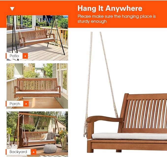 Tangkula 2 Person Hanging Porch Swing, Outdoor Bench Swing with Hanging Ropes, High Back, Cozy Armrests, Heavy Duty 800Lbs Wooden Hanging Swing Chair with Cushion for Backyard, Deck, Garden Natural