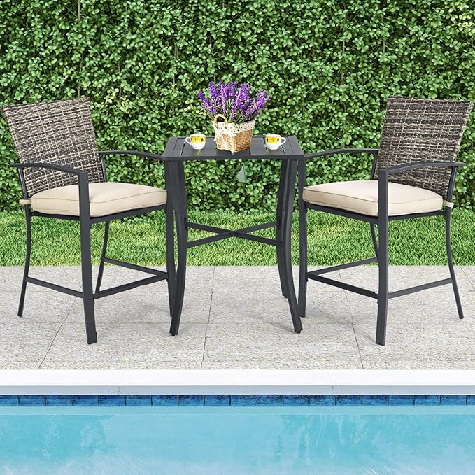 Tangkula 3 Piece Patio Bar Set, Outdoor Bistro Set w/ 27.5" Square Table, 2 Wicker Cushioned Chairs, Ergonomic Armrest & Backrest, All-Weather Rattan Furniture Set for Patio, Backyard, Garden