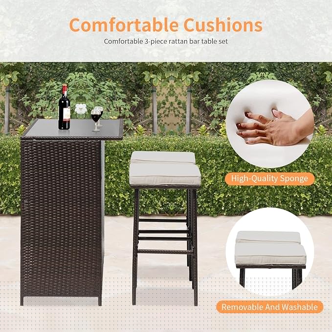 Wicker Patio Furniture 3 Piece Patio Bar Table Set Chairs Wicker Outdoor Rattan Bistro Set Glass Top Table and Two Stools for Yard or Backyard