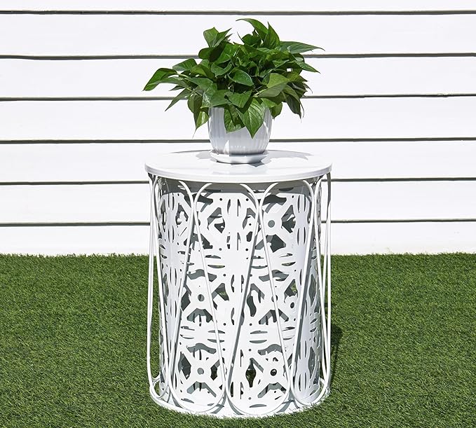 HFHOME Set of 3 Metal Outdoor Side Table, Nesting Round Coffee Table for Indoor Outdoor, Heavy Duty End Tables Plant Stand Living Room Garden Stool - White