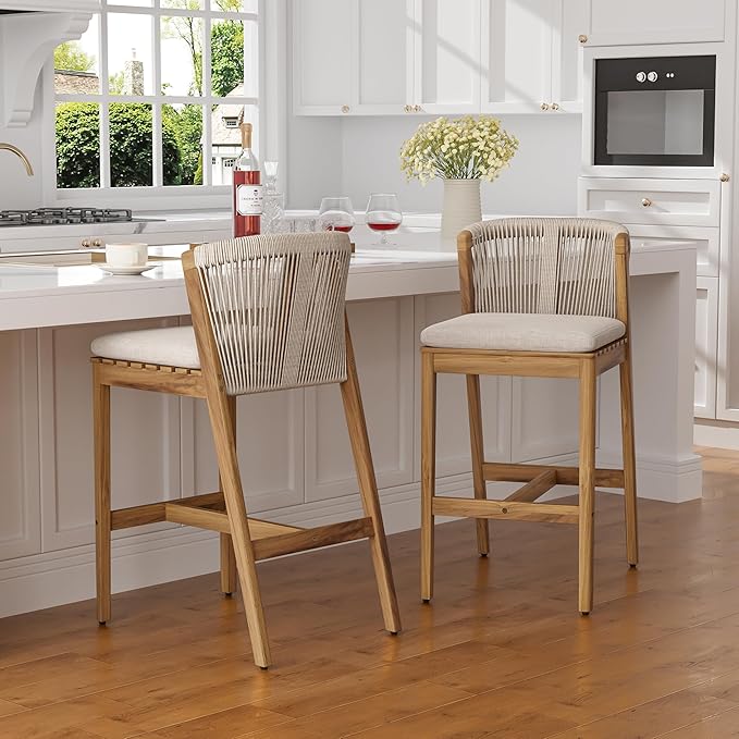 Christopher Knight Home Cuz Patio Barstool Set of 2, Outdoor Counter Height Stool with Sturdy Acacia Wood Frame and Rope Backrest, Bar Stool with Seat Cushion for Backyard Garden, Beige + Teak