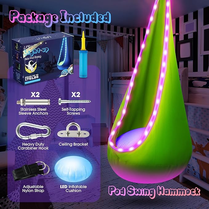 Light Up Kids Pod Swing Seat, Upgraded Kids Hanging Hammock Swing with LED Lights, Cotton Sensory Pod Swing Chair with Inflatable Pillow, Pod Swing for Kids Indoor & Outdoor (1 PCS) (Green)
