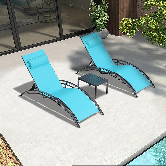 Purple Leaf Patio Chaise Lounge Set of 3 Outdoor Lounge Chair Beach Pool Sunbathing Lawn Lounger Recliner Chiar Outside Tanning Chairs with Arm for All Weather, Side Table Included, Turquoise Blue