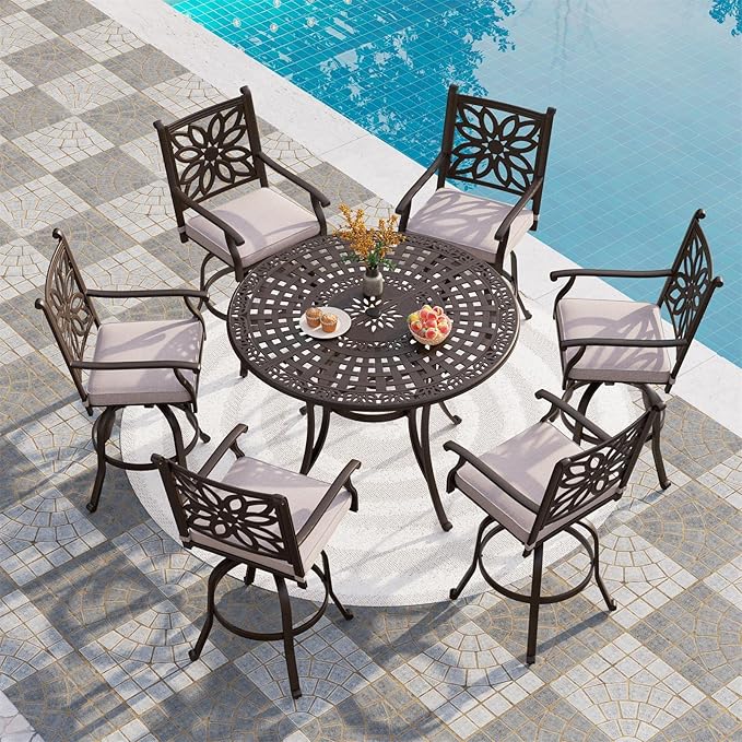 PHI VILLA Outdoor Swivel Bar Stools Set of 2, Cast Aluminum High Top Pub Height Patio Bar Chairs with Seat Cushion