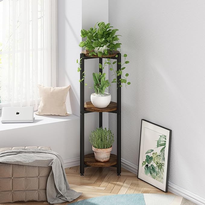Plant Stand Indoor Corner Tall 3 Tier Metal Modern Flower Storage Plant Shelf Holder for Living Room Balcony Garden,Black (3 Tier-Black Round)